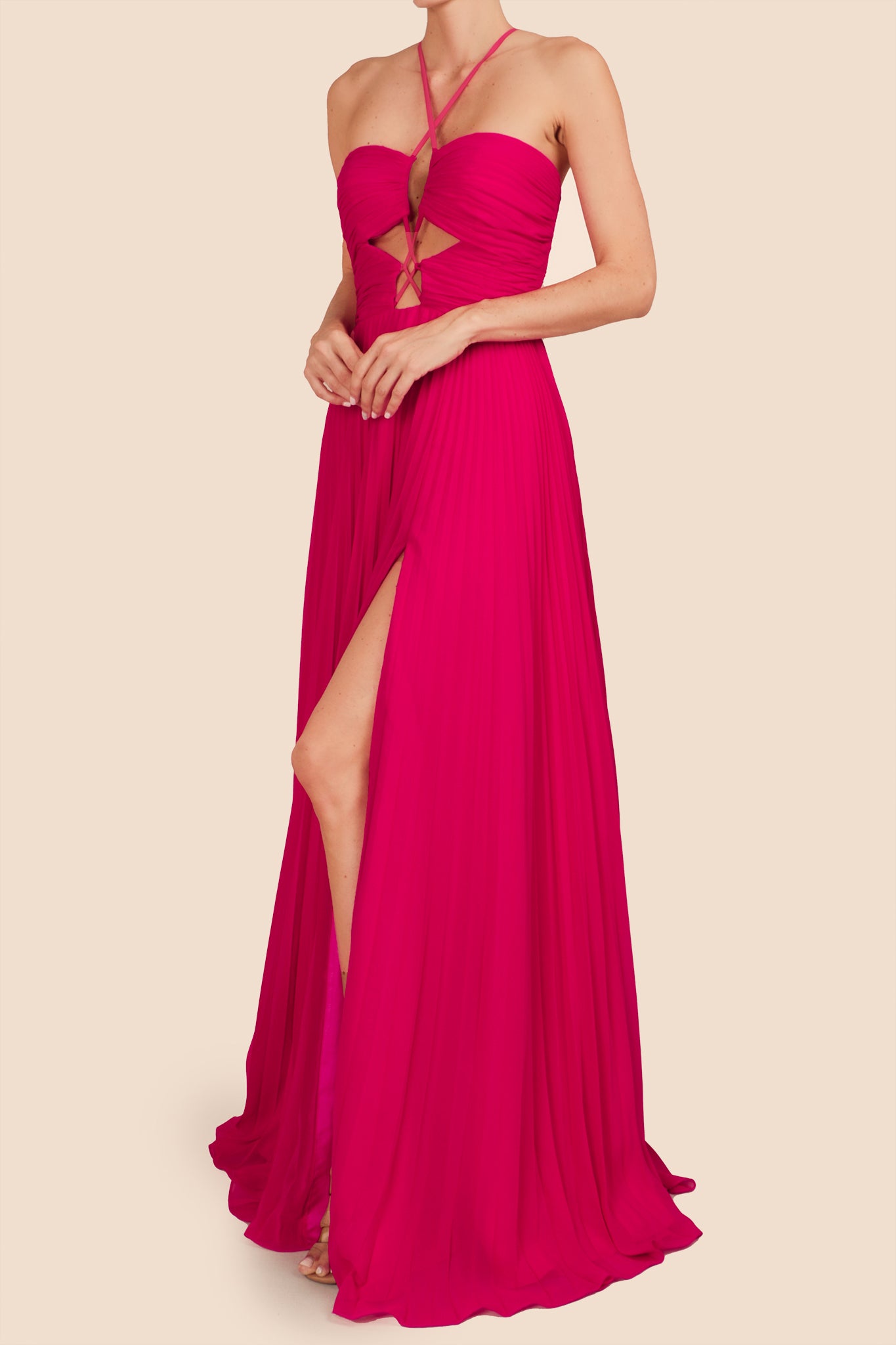 Vestido strapless maxi tirantes plisado fucsia