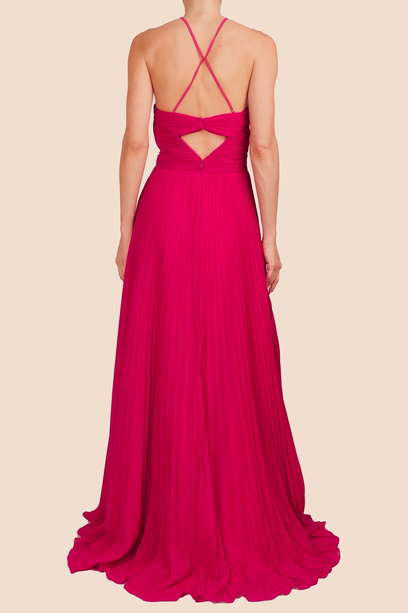 Vestido strapless maxi tirantes plisado fucsia