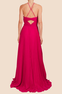 Vestido strapless maxi tirantes plisado fucsia