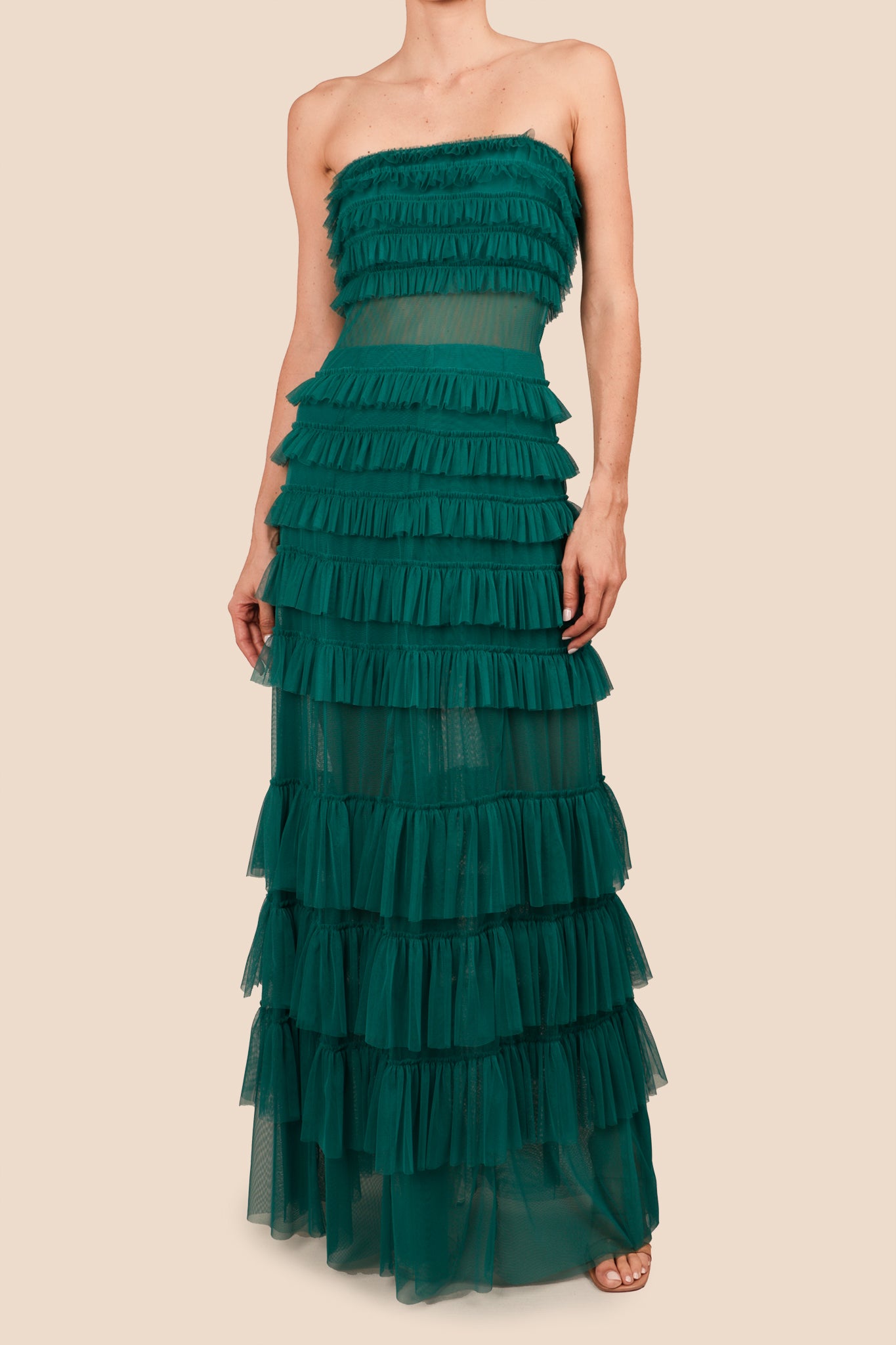 Vestido capas strapless mesh verde