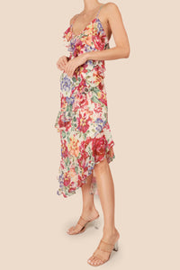 Vestido maxi tirantes olanes print flores rosa