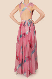 Vestido maxi tirantes print abertura en pierna plisado rosa