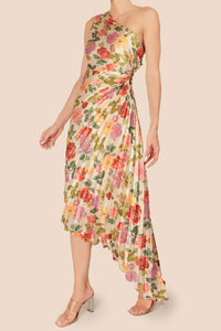 Vestido asimetrico un hombro satinado print floral nude