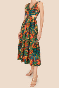 Vestido cut out print hojas verde-naranja