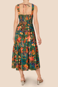 Vestido cut out print hojas verde-naranja