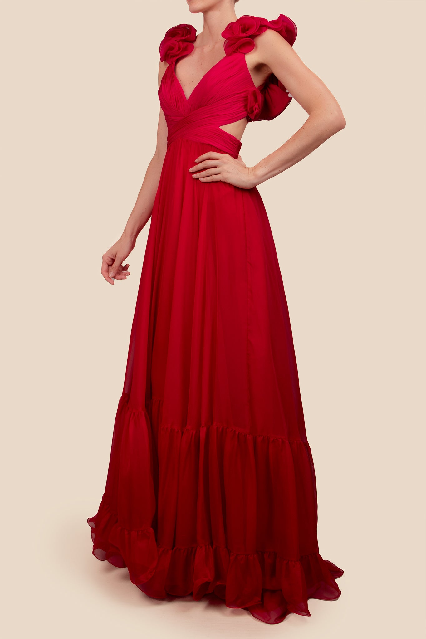 Vestido cut out chifon corte A rosa-rojo