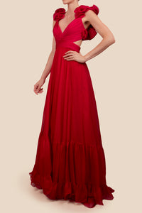 Vestido cut out chifon corte A rosa-rojo