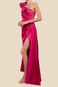 Vestido satín moño bordado fucsia