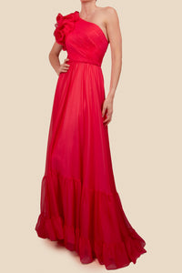 Vestido un hombro plisado ruffle coral