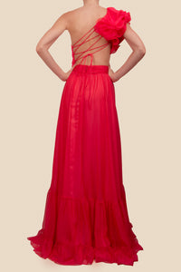 Vestido un hombro plisado ruffle coral