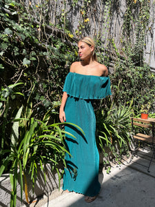 Vestido off/shoulder plisado spandex esmeralda