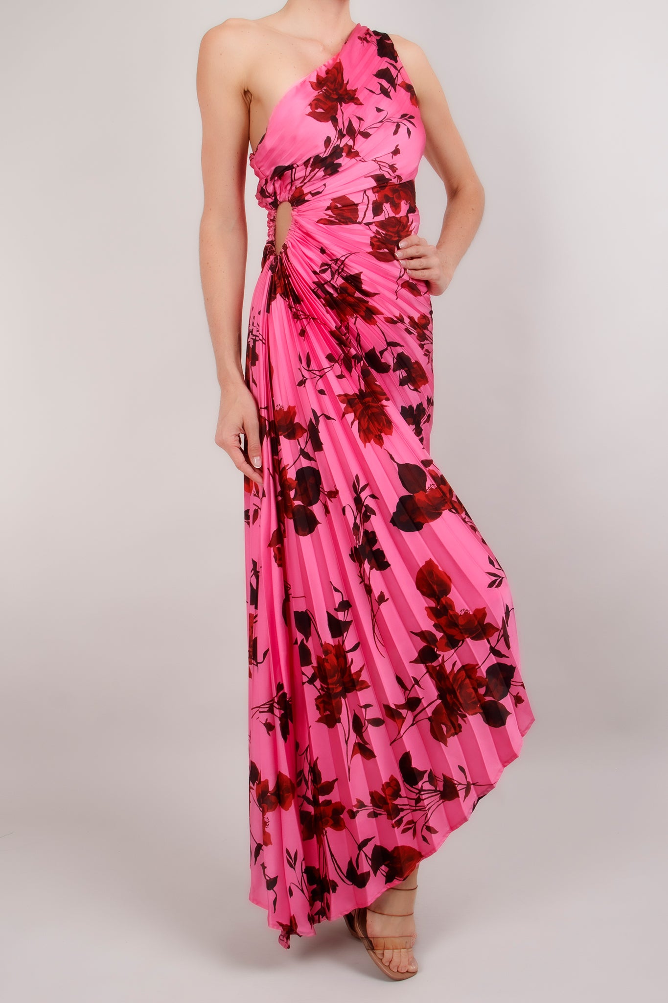 Vestido plisado print un hombro fucsia