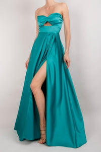 Vestido strapless satin corte A verde