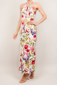 Vestido halter print tropical cut out ivory