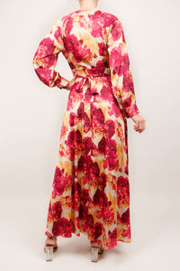 Vestido manga larga wrap print fucsia-amarillo