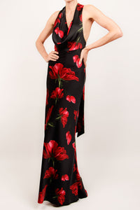 Vestido lencero satin negro print rojo