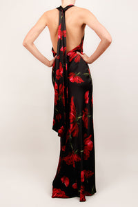 Vestido lencero satin negro print rojo