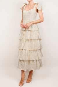 Vestido midi organza bordado capas ivory