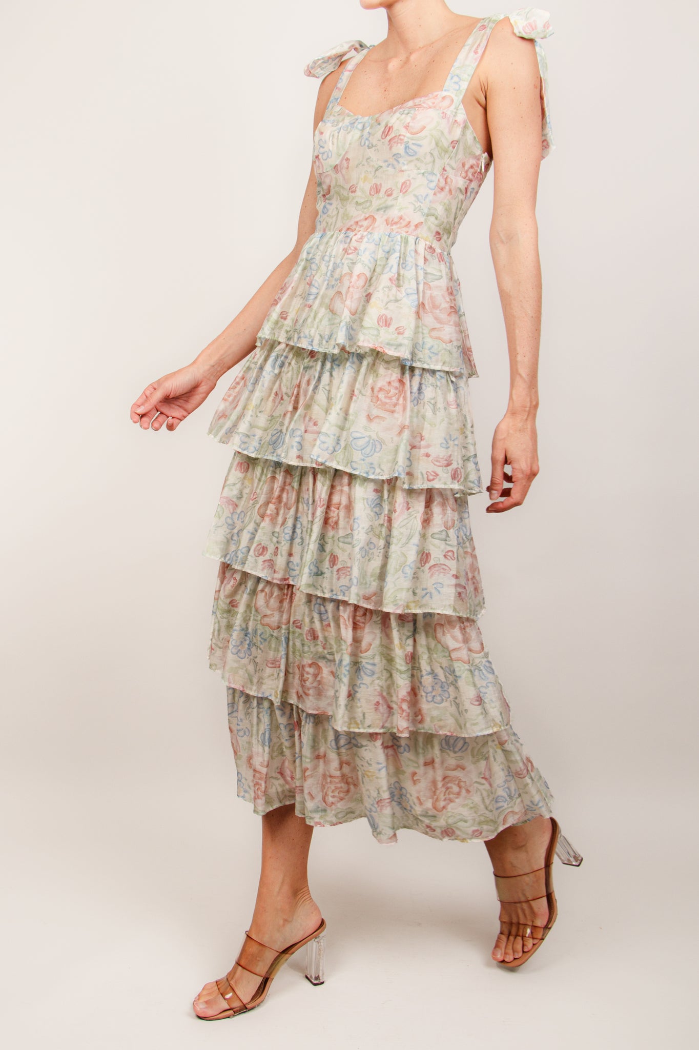 Vestido midi print floral capas ivory