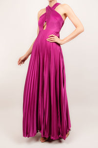 Vestido halter cruzado plisado magenta