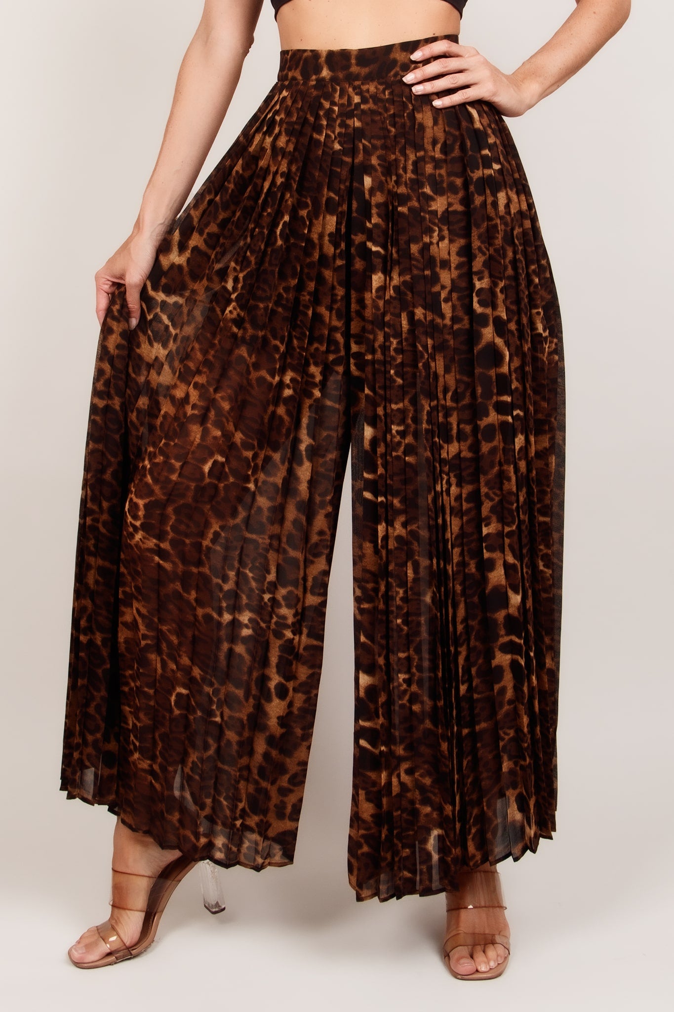 Pantalon culotte plisado animal print cafe