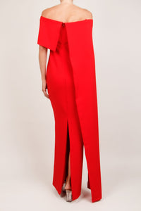 Vestido off the shoulder con olan crepe sirena rojo