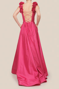 Vestido tafeta tirantes corte A flor rosa