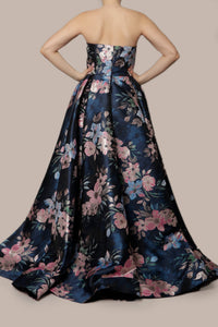 Vestido strapless princesa navy flores rosa-azul