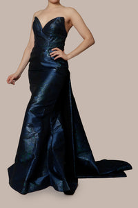 Vestido strapless brocado navy