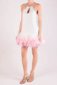 Vestido corto halter plumas blanco-rosa