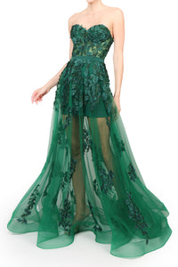 Vestido mesh strapless bordado verde