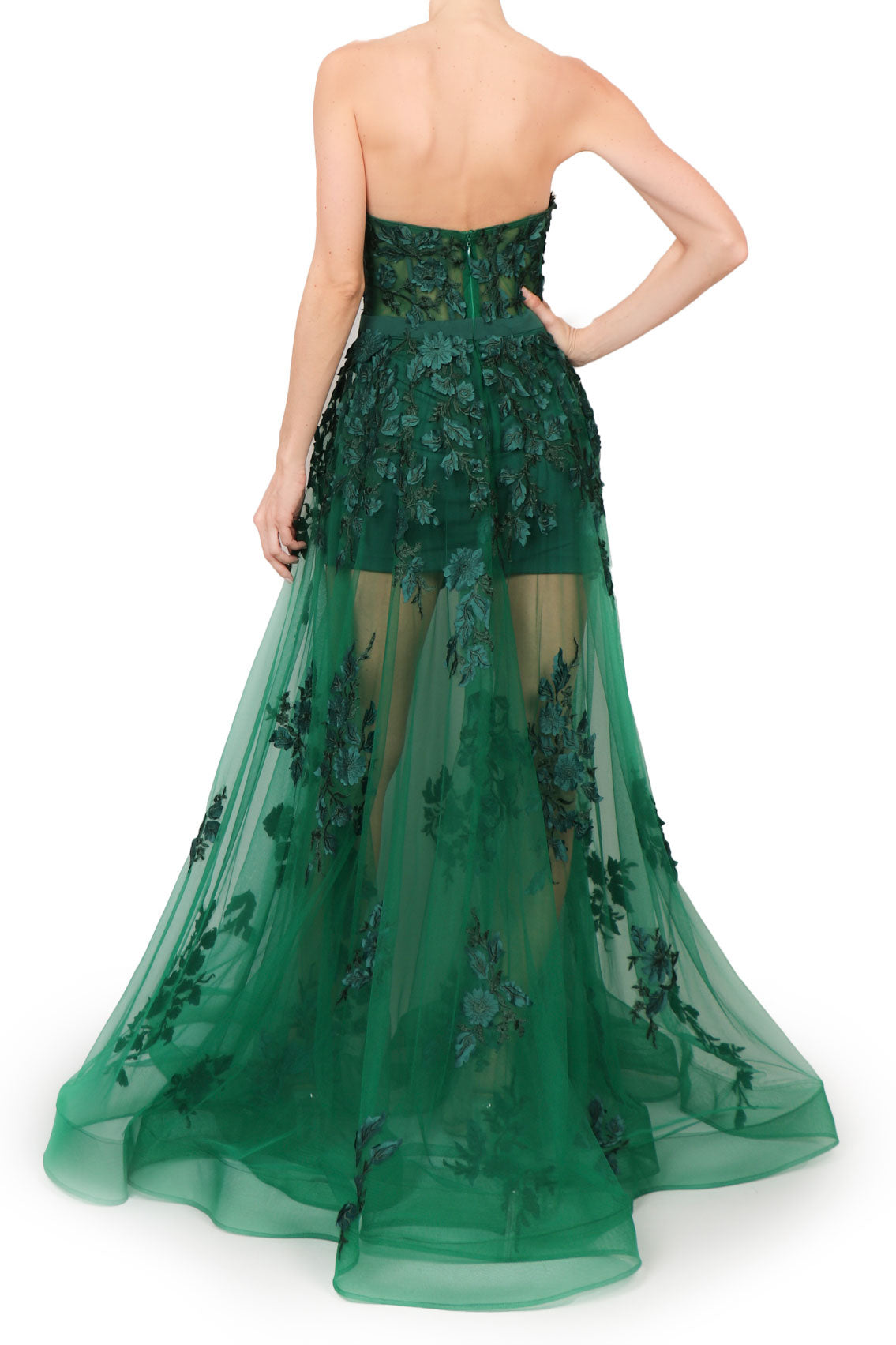 Vestido mesh strapless bordado verde